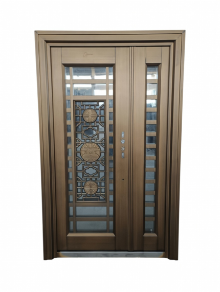 Premium Bronze/Gold-Tone Steel Security Door – Double Leaf with Ornate Chinese-Inspired Geometric Glass Insert, Carved Crown Molding and Reinforced Frame