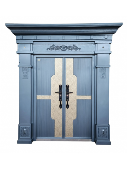 remium Grey-Blue Steel Security Door with Ornate Carved Crown Molding, Double-Leaf Design, Geometric Beige Center Panel and Ornamental Black Handles