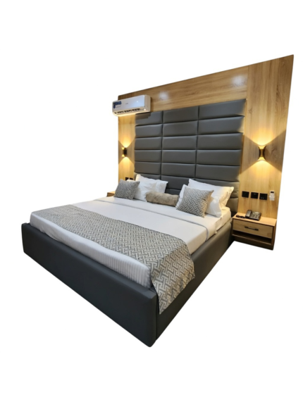 Luxury Grey Padded Geometric Headboard Bed Set with Wood Panel Accent Wall, Floating Nightstand, and Upholstered Base