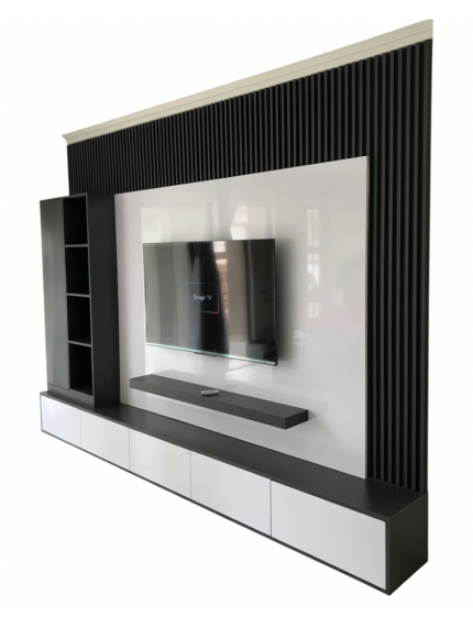 Modern TV Wall Unit with Vertical Slat Panel Accent, Glossy White Cabinetry, Black Lower Console, and Integrated Shelving
